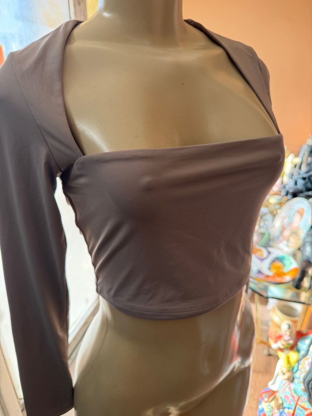 Women’s Taupe Square-Neck Long Sleeve Crop Top